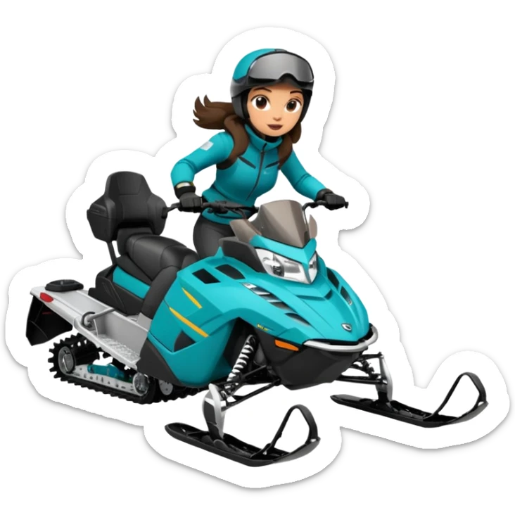 Can you create an emoji of a brunette girl on a teal polaris khaos 850 155 snowmobile action shot sticker
