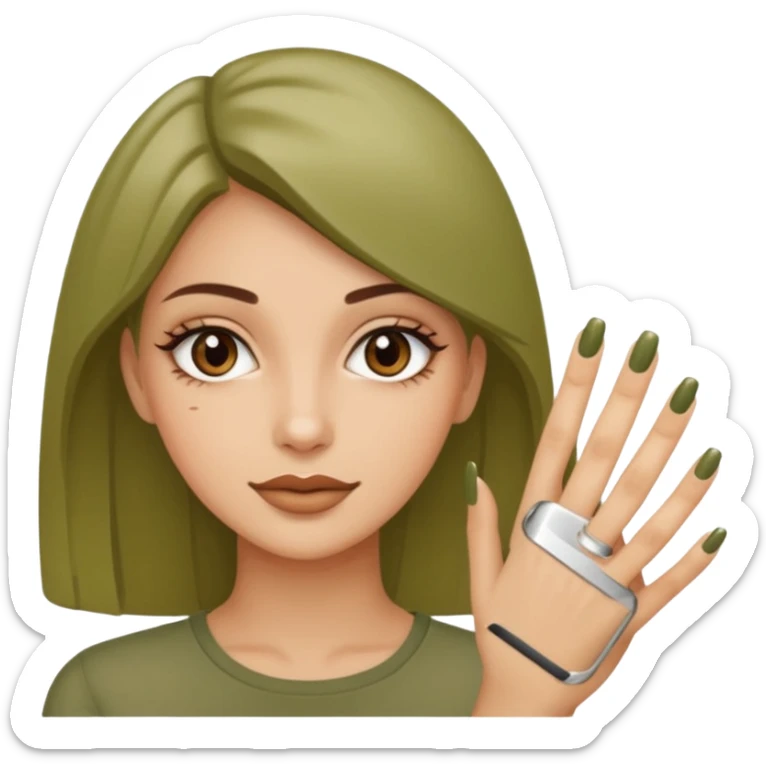 gel polish, y manicure en beige and olive green with a woman  sticker