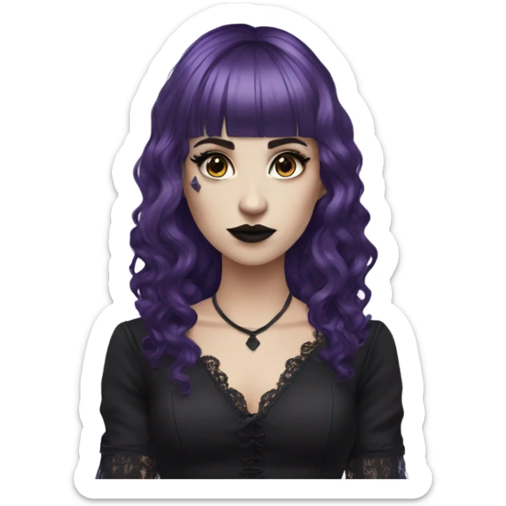 one single alt women, purple hair, wavy hair, medium hair, short bangs, dark makeup, gothic detailed dress, white skin  sticker