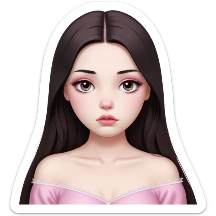 girl with white skin, dark brown long realistic straight hair with middle part prominently falling in front of her body over her shoulders, very big pouty extra shiny lips with absolutely no cupid's bow, big round shiny eyes with black eyeballs and huge eyelashes, no eyeshadow, pink blush on cheeks, lighter button nose, extremely long oval-shaped face, wearing a pink off-shoulder top, looking directly at camera with hands down at sides sticker