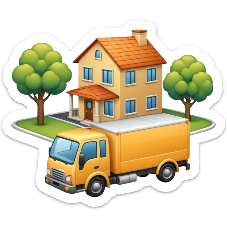 apple style emoji of a truck, package, house, and company connected by street lines, all elements clearly visible, modern emoji look sticker