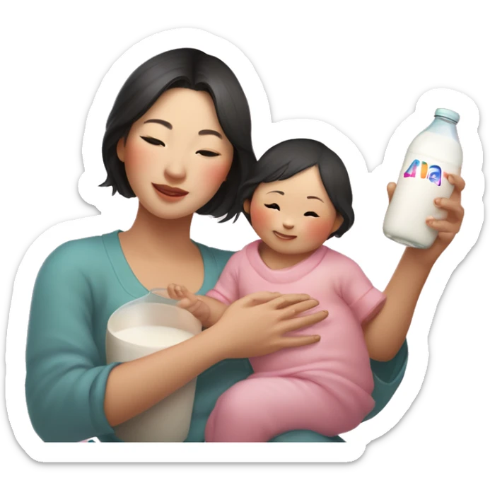 An Asian woman with white skin holds an Asian baby and a small Asian child in her arms, in her other hand a small bottle of milk, above this woman the word "ANA" in a semicircle like a rainbow, but pink sticker