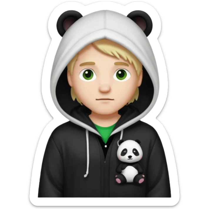 A white man with green eyes, medium-length blond hair, wearing a panda hoodie and black pajama-like robes. sticker