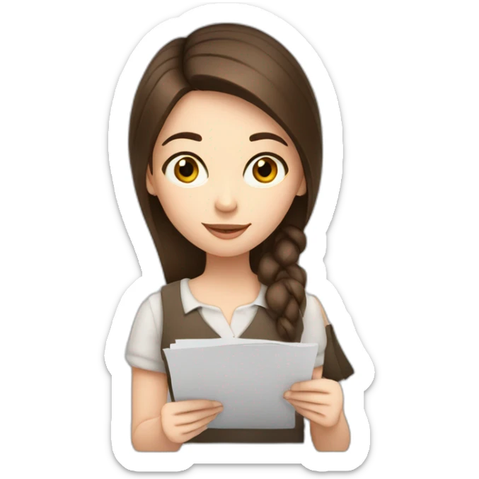 a white skin, brunette haired girl, she is writing on a paper holding a pencil sticker