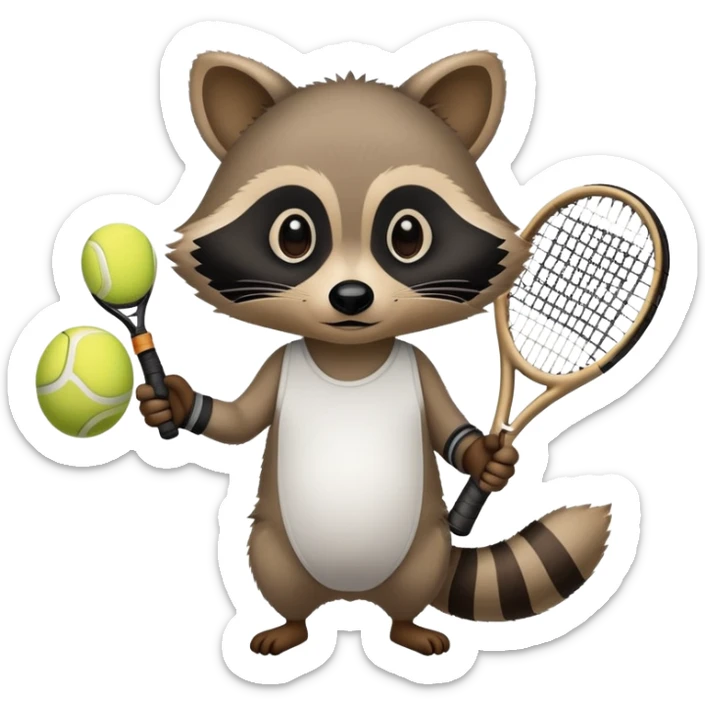 tennis racket gripped by a raccoon hand and forearm, no raccoon body visible sticker