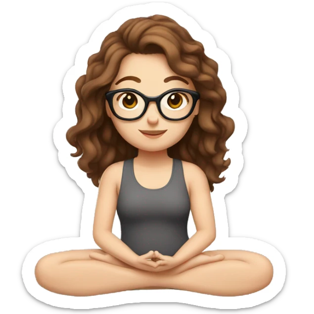 White girl with wavy brown hair, brown eyes and black glasses doing yoga sticker