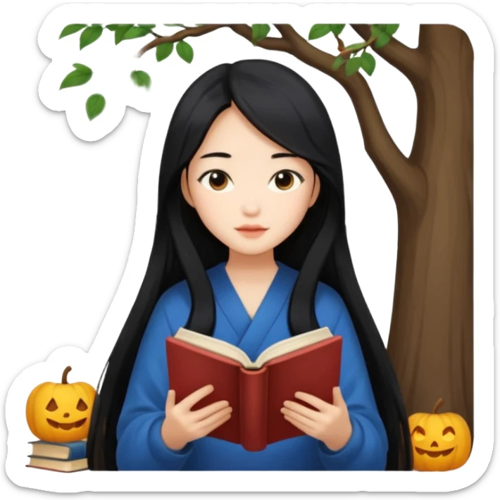 Beautiful Asian girl with long black hair reading book cozy aesthetic sticker