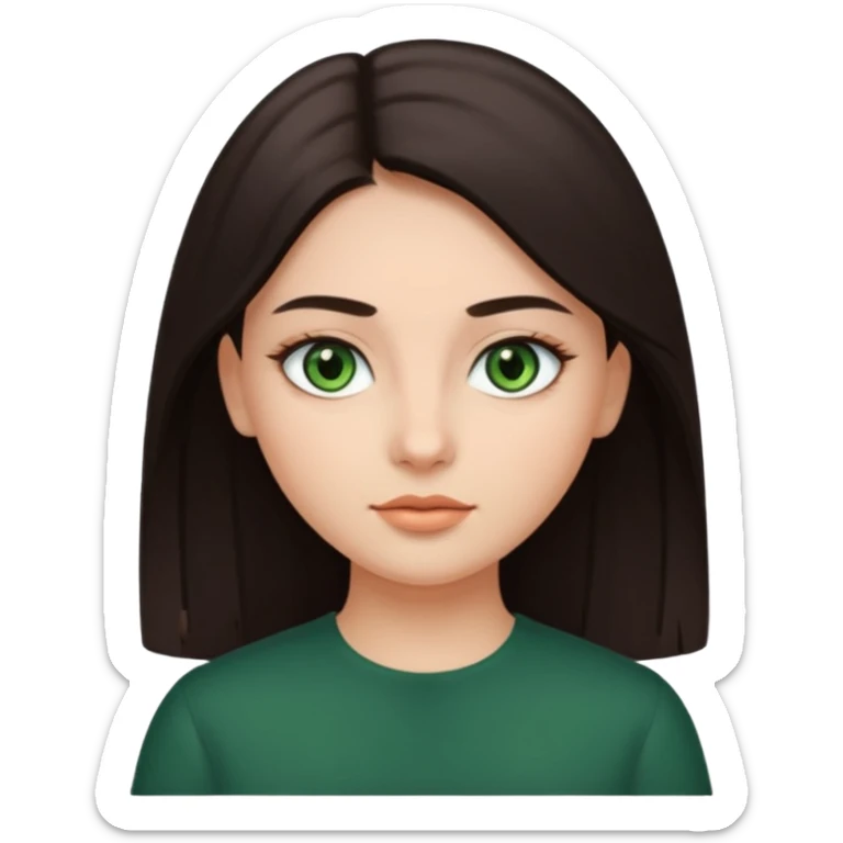 Girl with dark green eyes, light eyebrows and long dark-brown straight hair with oval face sticker