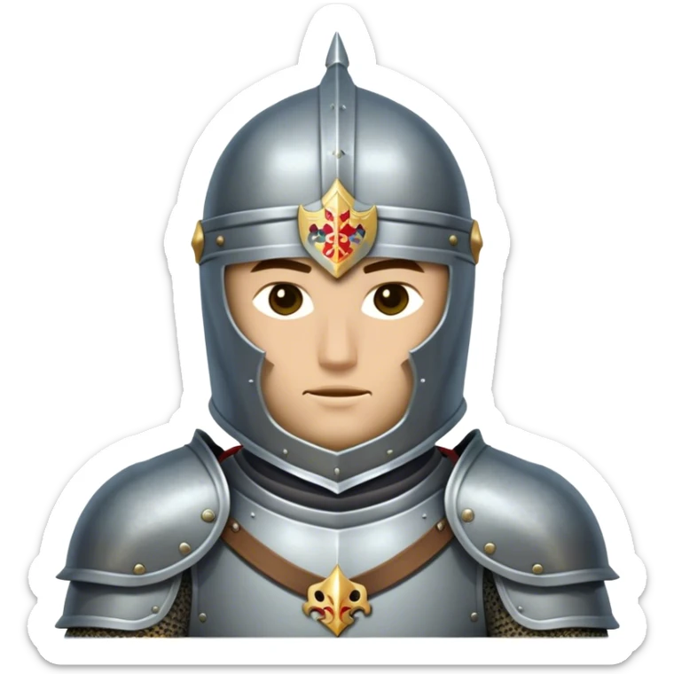 Clash of Clans aesthetic: Cinematic heroic Armored Knight Hero close up Emoji, rendered in a 3D vector-style similar to standard emojis with minimal shading and bold, simplified shapes. A compact, isometric warrior clad in gleaming plate armor with intricate heraldic details, softly glowing with a chivalrous medieval charm. Simplified yet unmistakably iconic, highly detailed and consistent, glowing with a soft radiant shine and high polish. Stylized with a touch of noble valor and a soft glowing outline, wearing a full face helm so that no face is visible with only eyes visible, capturing the essence of a gallant knight ready for honorable battle with a friendly, playful manner! sticker