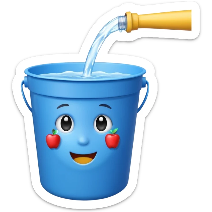 blue bucket of water with a hole in the side, water pouring out, apple emoji style sticker