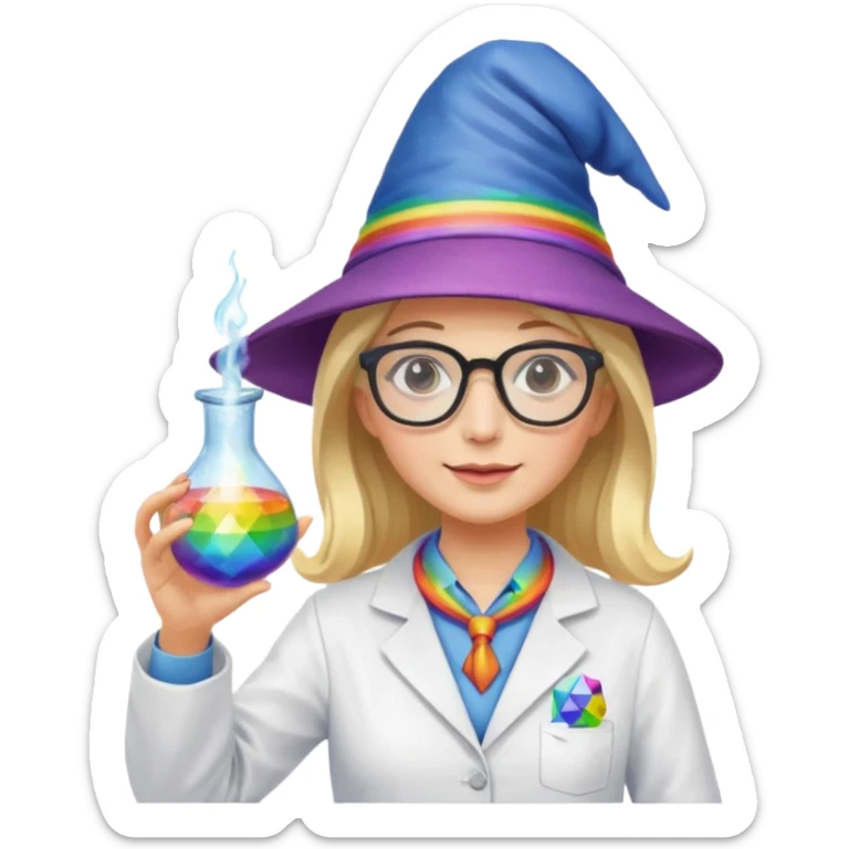 woman scientist with glasses, wearing wizard hat custome, with glass vase, rainbow sticker