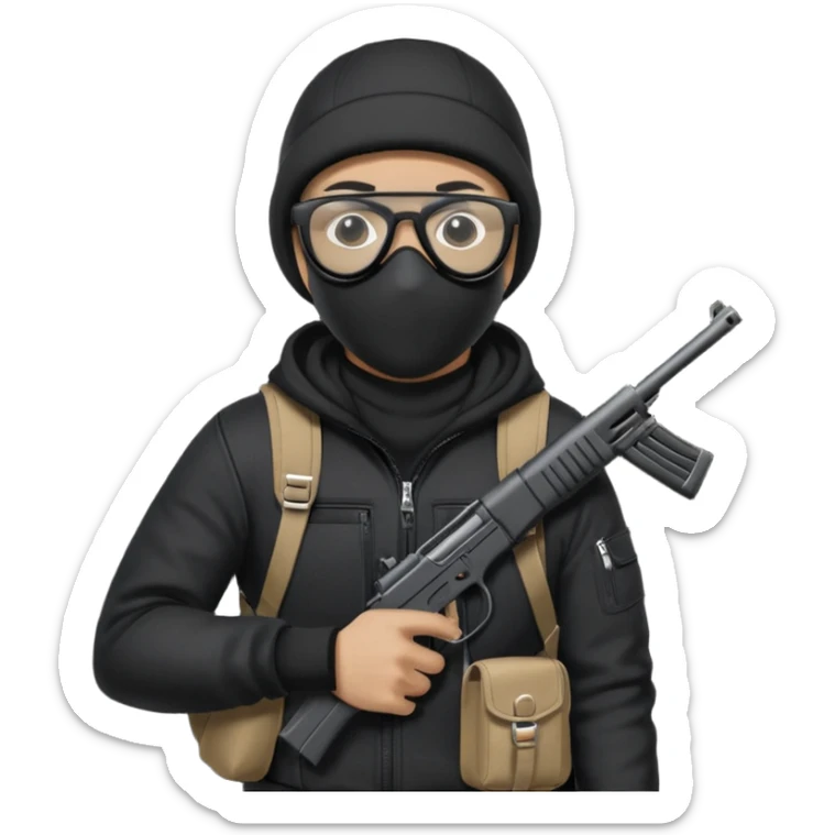 YN wearing a ski mask, holding a gun, all black fit, black jeans, Sprayground bookbag, confident stance with glasses sticker