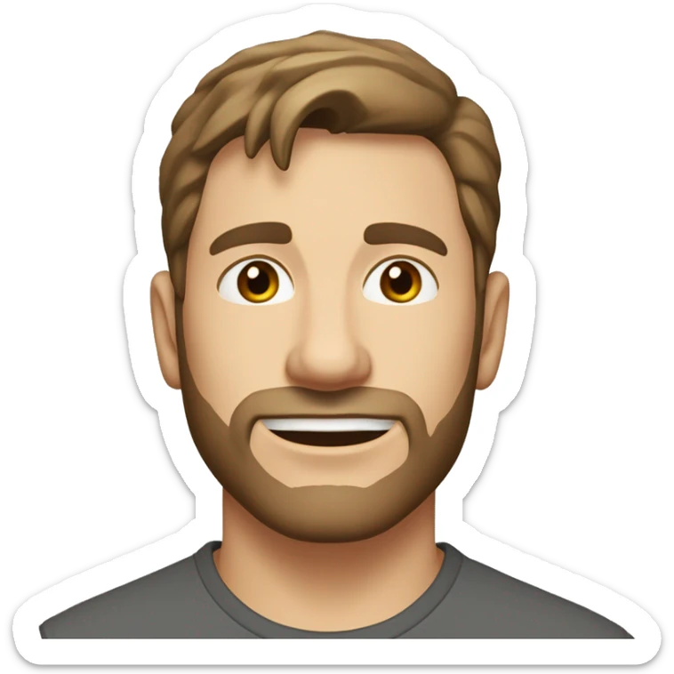 A head and shoulders shot of a 32 year old caucasian man, with short brown hair, with stubble facial hair,   with brown eyes wearing a t-shirt. sticker