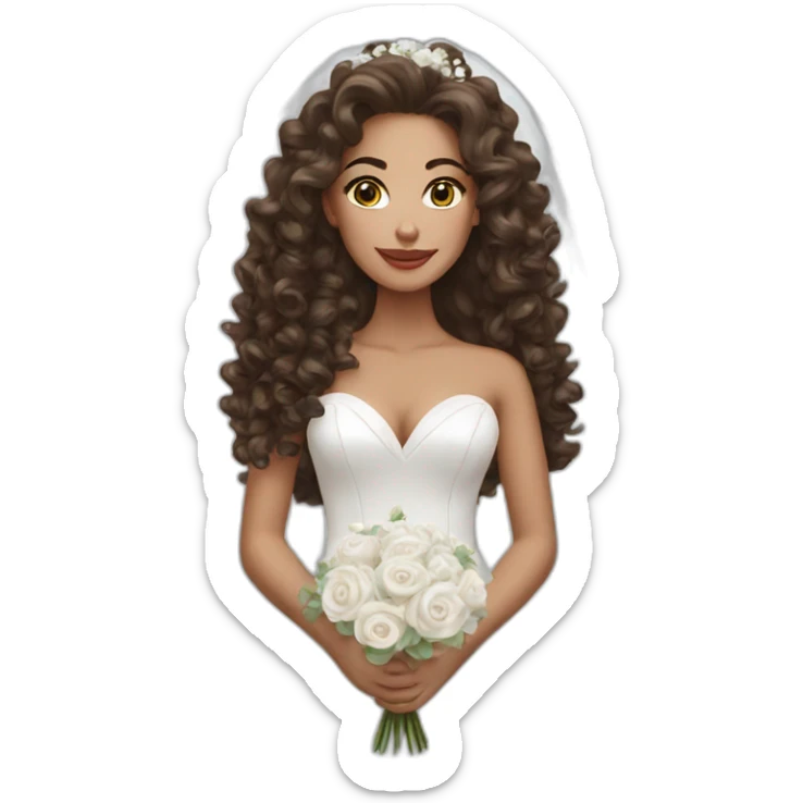 Beautiful brunette bride with long curly hair wearing a wedding dress sticker