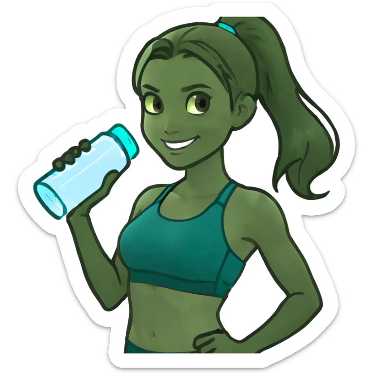 Fit wellness girl – sun-kissed skin, high ponytail, bright hazel eyes, teal sports-bra + leggings, holding water bottle, calm confident smile sticker
