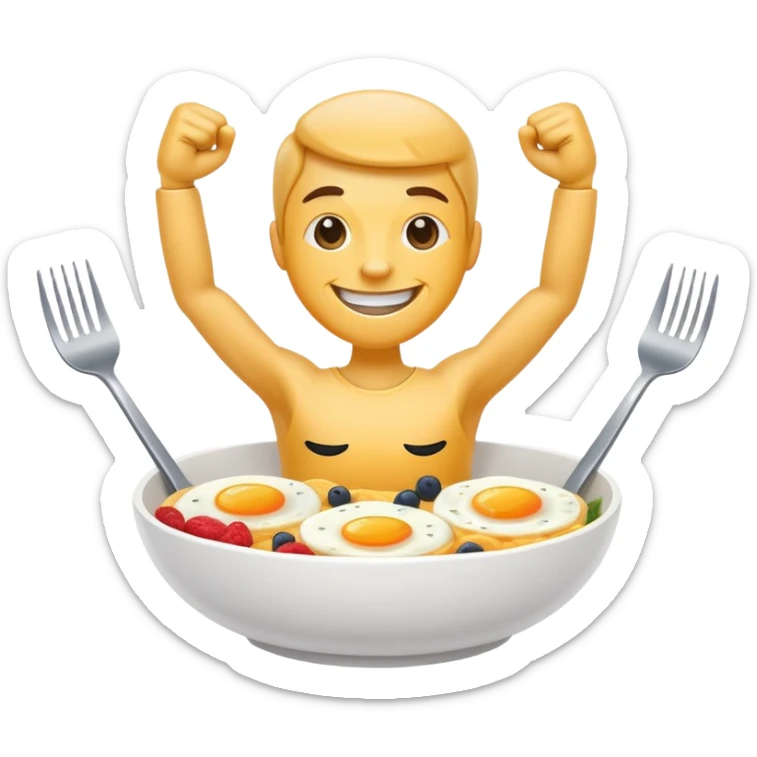 Breakfast bowl with a face in front of the bowl and arms and legs ready for gym sticker