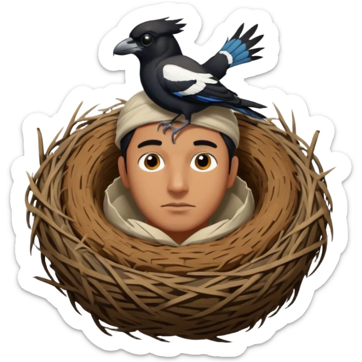 An Australian Magpie, birds nest that is located at the top of a man's head. sticker