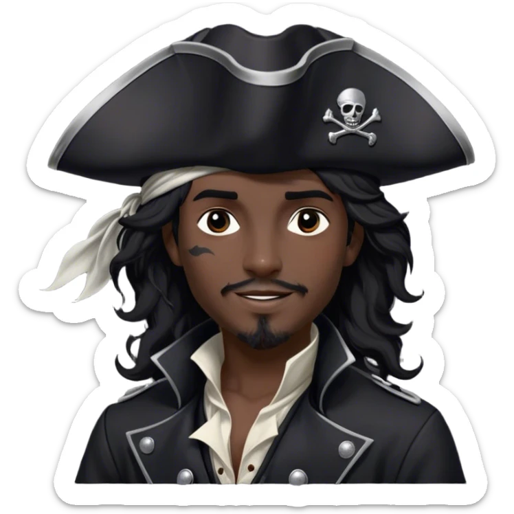 A charismatic pirate with wavy black hair tousled by the breeze. His silver-embroidered tricorn hat casts a shadow. Dark eyes glint with mischief as he looks to the side, a knowing smile on his lips. His black coat, adorned with silver buttons, shifts with the wind sticker