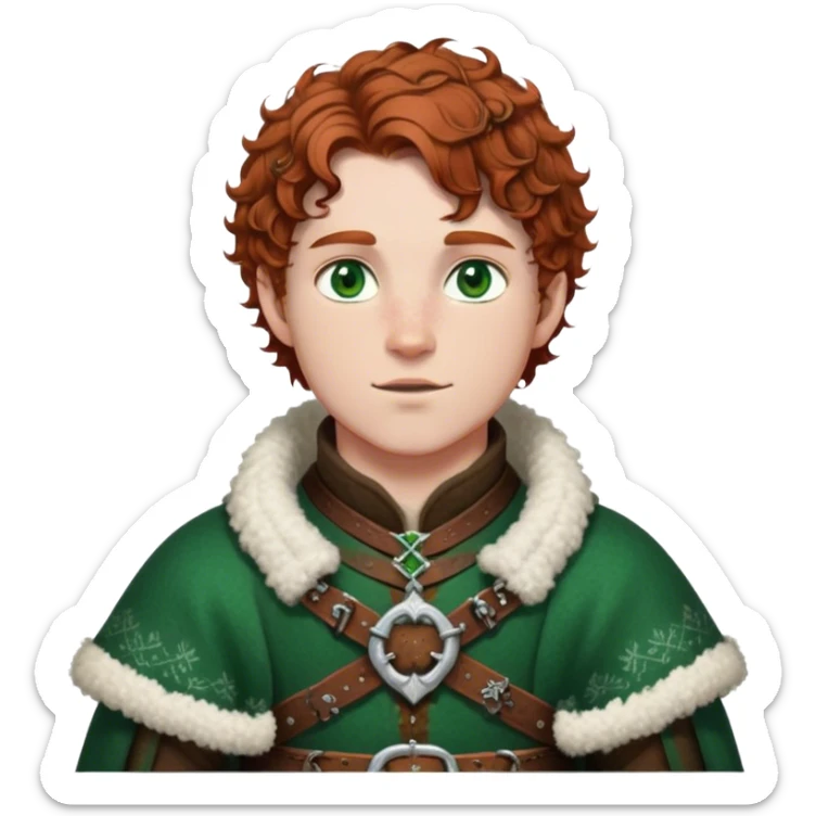 Medieval winter outfit worn by a DnD themed fantasy male character. Rich brown leather-trimmed wool tunic with sheepskin lining, featuring intricate metal buckles at the collar, paired with a heavy braided belt. Clothes only above the waist, full waist coverage. The character has no arms. Character is white-skinned with auburn hair, emerald green eyes, and short curly hair beneath a light dusting of snow. sticker