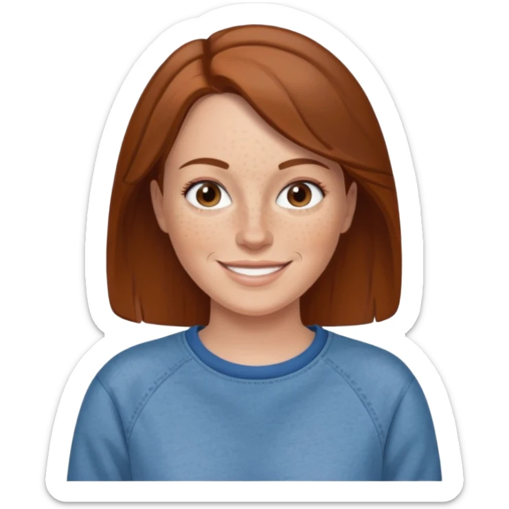 A 38 year old white woman with brown hair and freckles wearing a sweatshirt and jeans smiling sticker