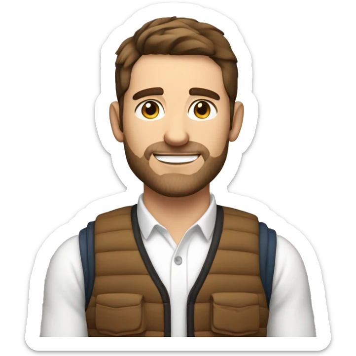 a white 30 year old man with brown hair and stubble in a gilet - now add a tick emoji in the bottom corner sticker
