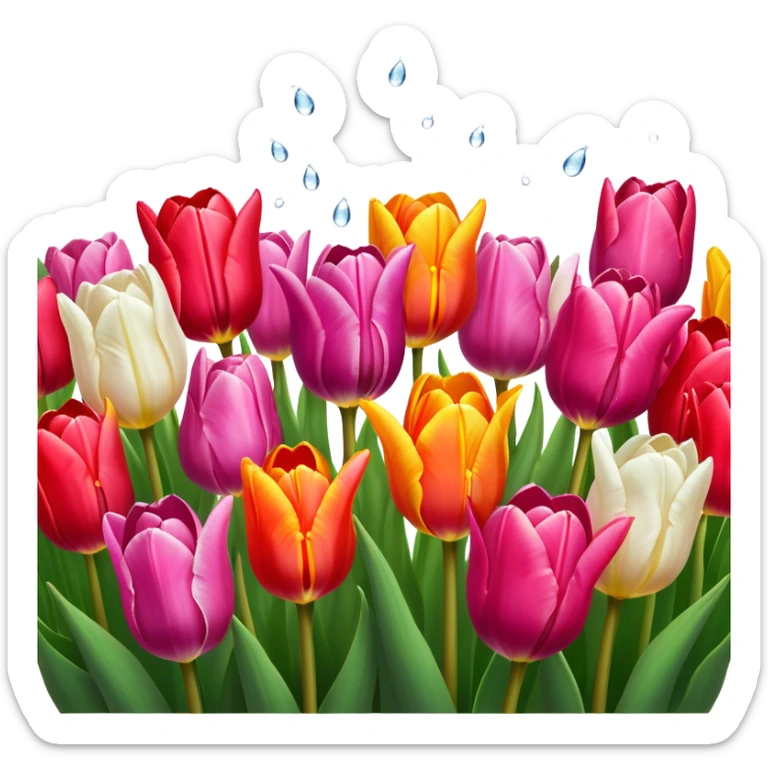 Tulips – Cinematic Realistic Tulips, depicted as a vibrant field of blooming tulips in brilliant hues, each delicate petal catching dewdrops under soft, natural spring light, rendered with detailed textures and a dreamy, picturesque glow. sticker