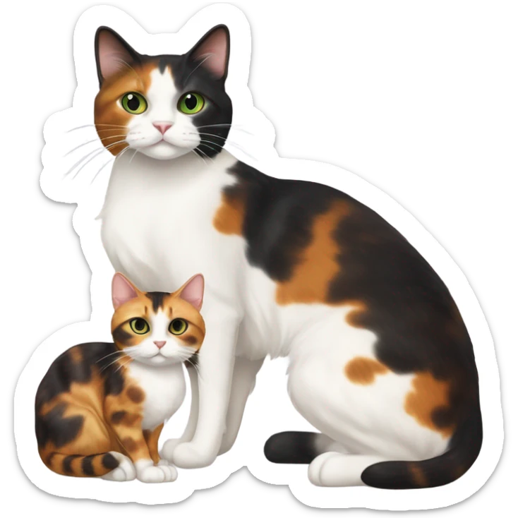 caliby-and-white cat with white paws and green eyes, next to a skinny dark tortoiseshell cat with orange eyes and a cream colored marking above its mouth sticker