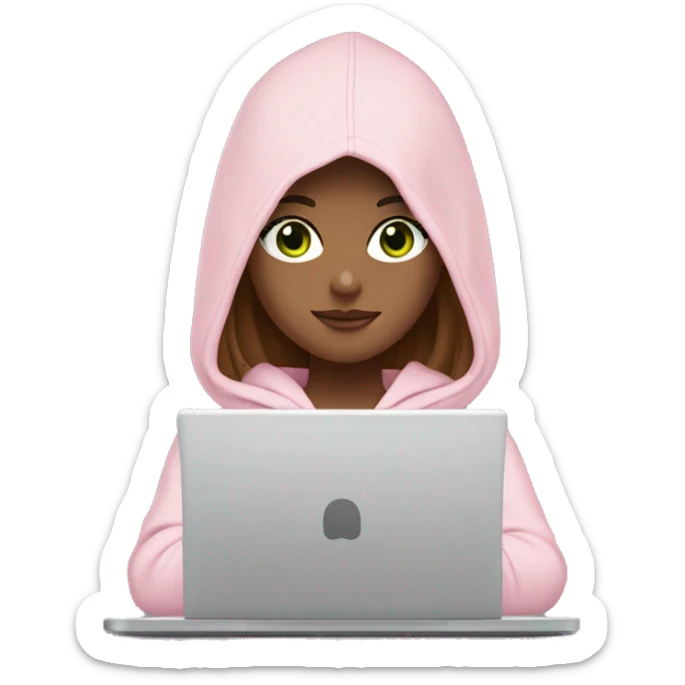 a girl with brown long hair, light beige skin, green eyes, is working relaxed at a modern laptop in a monochrome pale pink zip hoodie with a hood and a pink monochrome T-shirt sticker