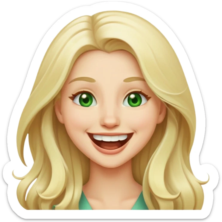 blonde with long hair and pale green eyes, laughing, emoji style sticker