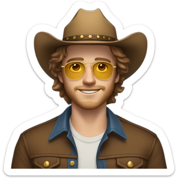 Realistic white man with golden glasses, blue eyes, and brown hair,20 years old, no bear, with a cowboy hat sticker
