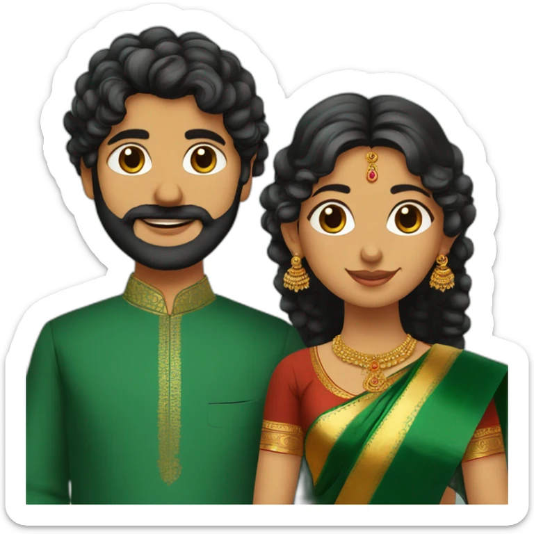 south indian girl with curly hair wearing dark green saree marrying south indian guy with straight hair and beard wearing dhoti sticker