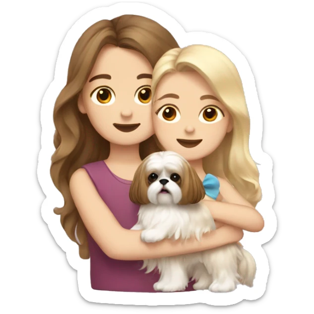 a girl with long wavy brown hair hugging a Shih Tzu with blonde fur and a cute bow sticker