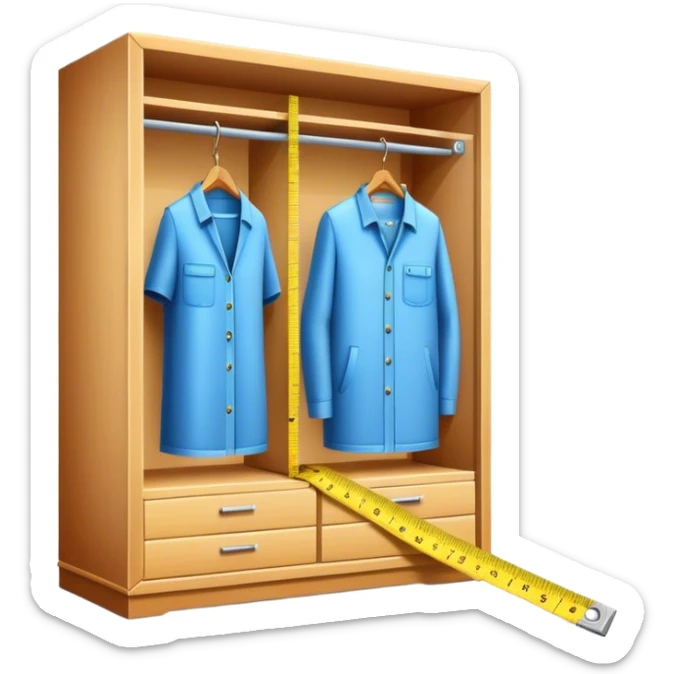 Icon for Furniture Design: a close-up of a 3D wardrobe on a blueprint, with a measuring tape next to it. The icon should represent the precision and design process of creating furniture. Transparent background. sticker