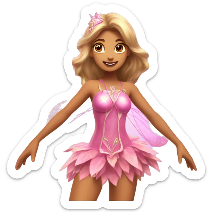 Flora the adult latina fairy of nature in her enchantix fairy pink clothing and fairy enchantix wings and long light brown hair from winx club. Lots of sparkles, feel the magic  sticker