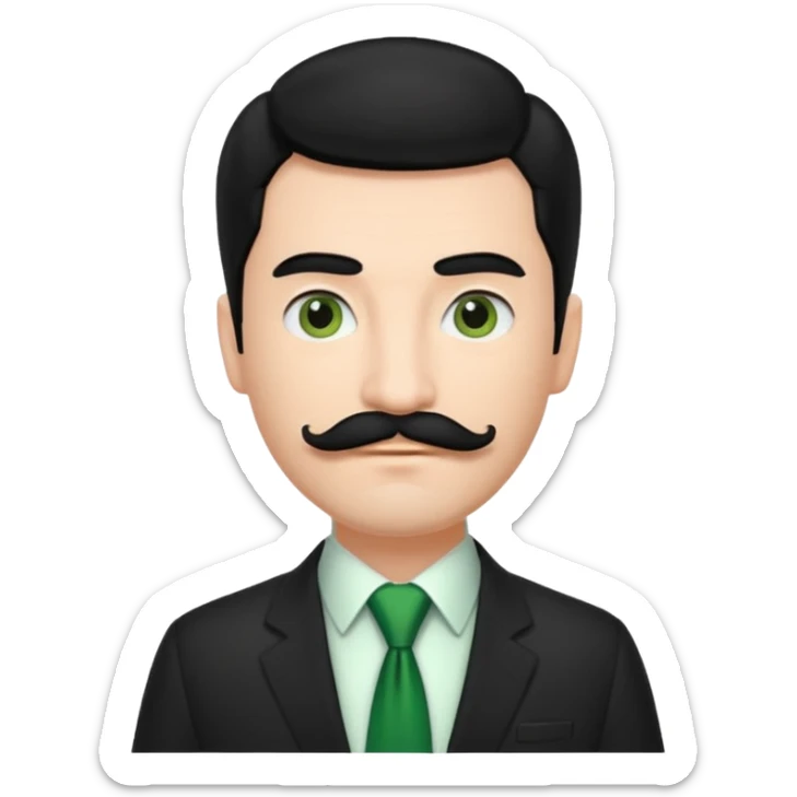 ["Fair-skinned man with black hair and a moustache, wearing a dark suit and green tie."] sticker