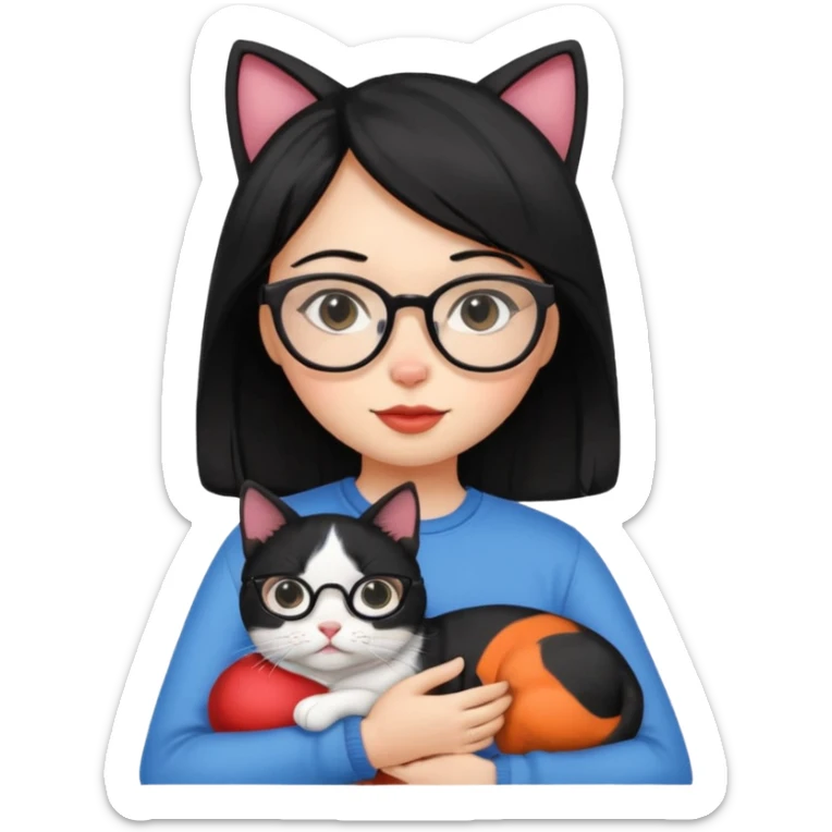 A girl with black hair and glasses is holding a tricolor cat. sticker