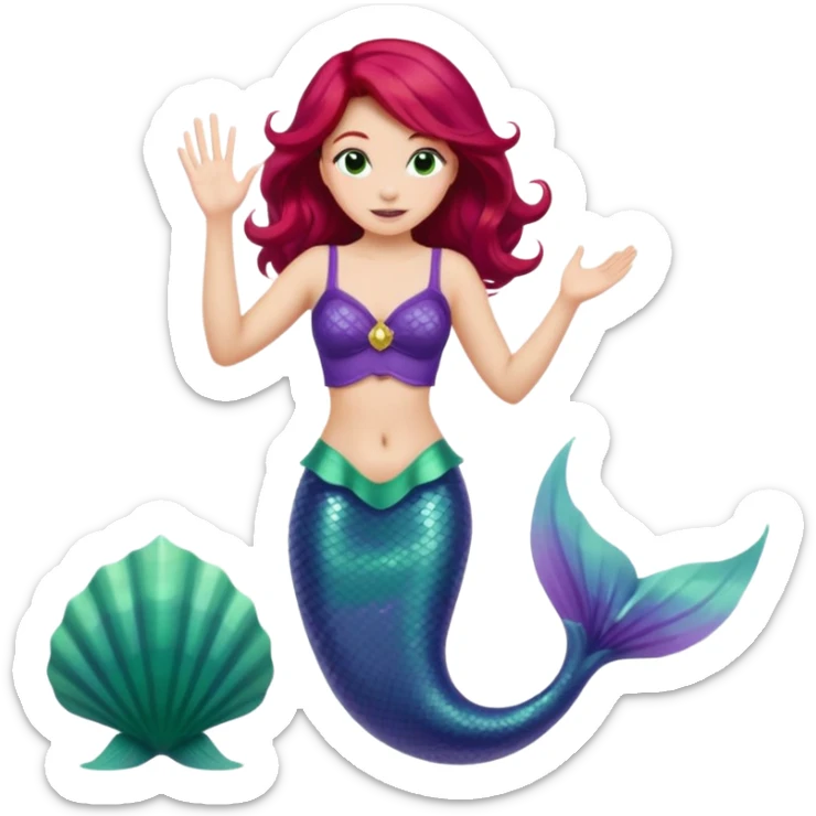 Ariel from Disney's The Little Mermaid, waving, with red hair, purple seashell top, and green mermaid tail, apple-style emoji art sticker