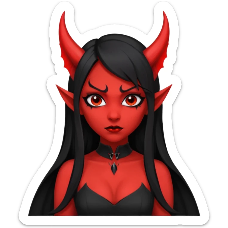demon girl, skin red , black long hair, small horns, pointed ears, bat wing, black open-back dress, bold black outlines, red+black palette sticker