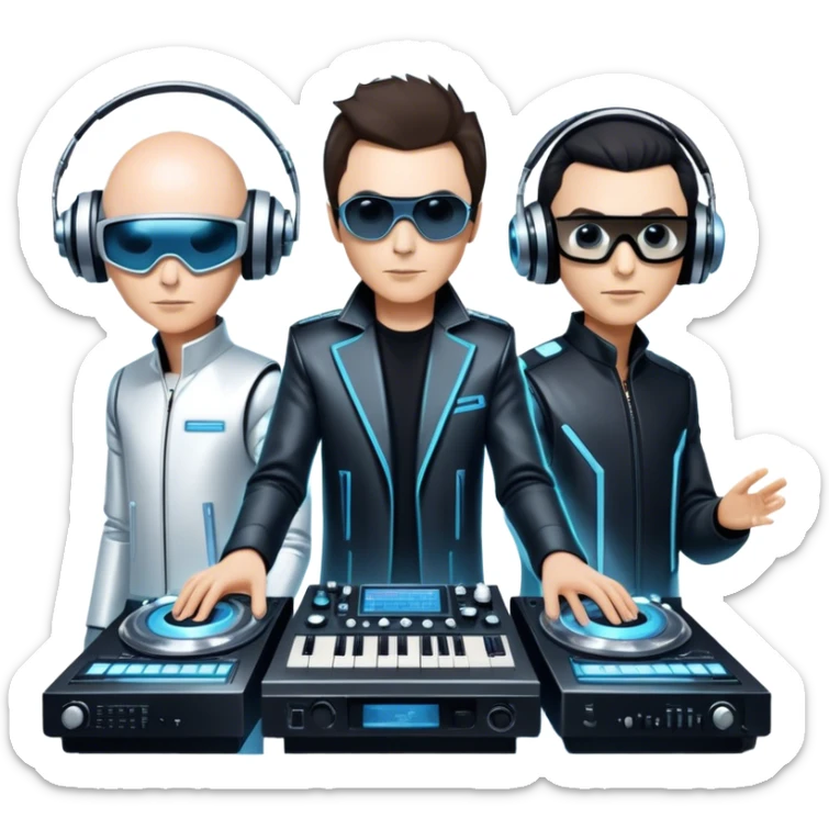 Icon for Electronic Music: Jean-Michel Jarre, Moby, DJ Tiesto, and Jorn van Deynhoven performing with synthesizers, turntables, and futuristic lighting effects. The design should evoke the vibrant and immersive atmosphere of electronic music festivals. Transparent background. sticker