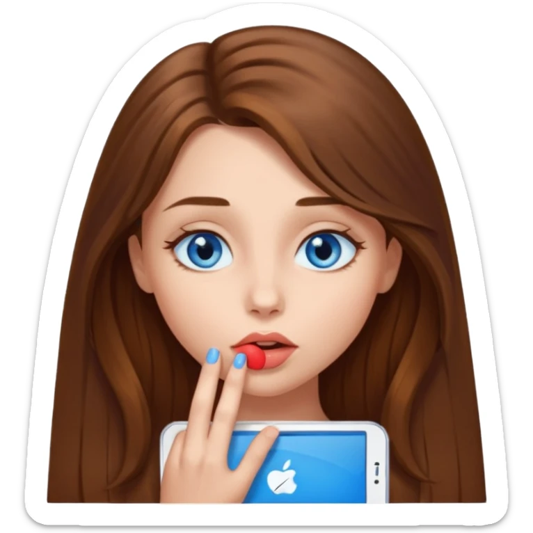 A girl with brown long hair and very blue eyes kissing the screen sticker