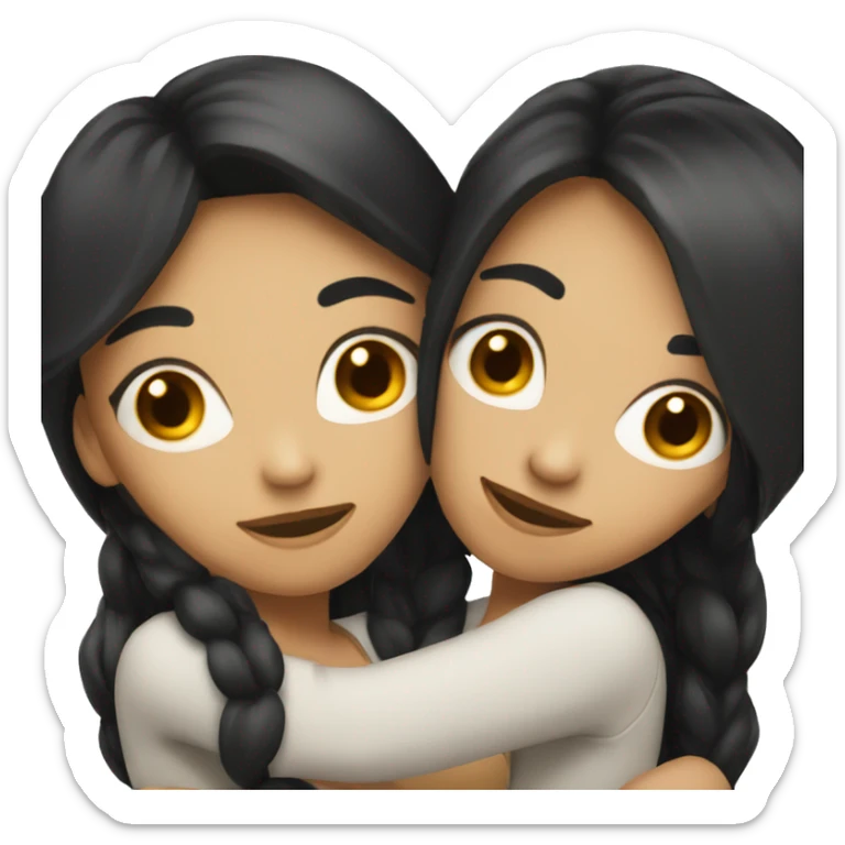 A lesbian couple with white skin and long black hair hugging intimately sticker