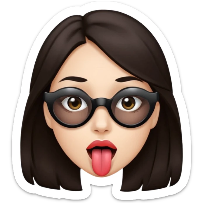 woman with dark brown hair wearing black band over eyes with tongue out sticker