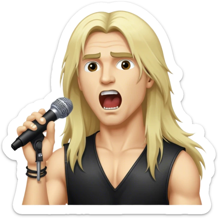 close up side view head of a male blond heavy metal rock singer with long hair singing into microphone sticker