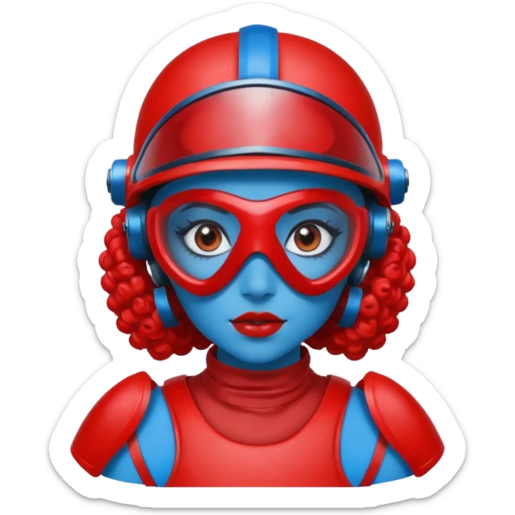 blue curly haired girl with huge earrings wearing red paintball helmet with eye protection, only face  sticker