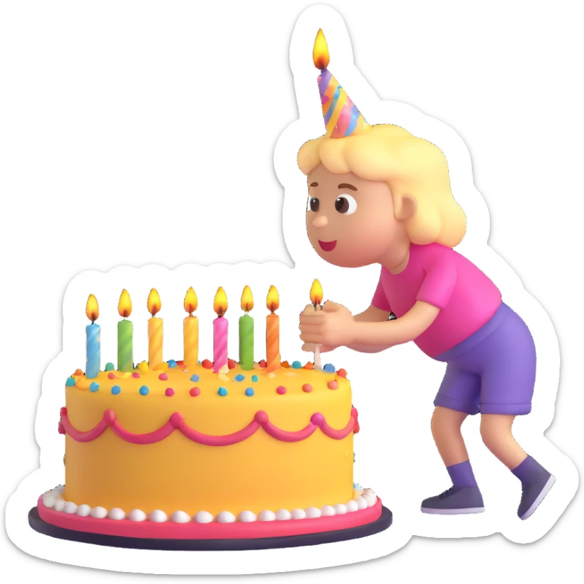 a person blowing out candles on a birthday cake, 3D emoji style sticker