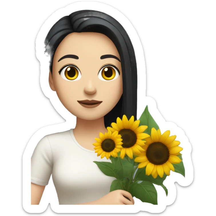 a white girl with shoulder length black hair, small rosy lips holding a bouquet of sunflower sticker