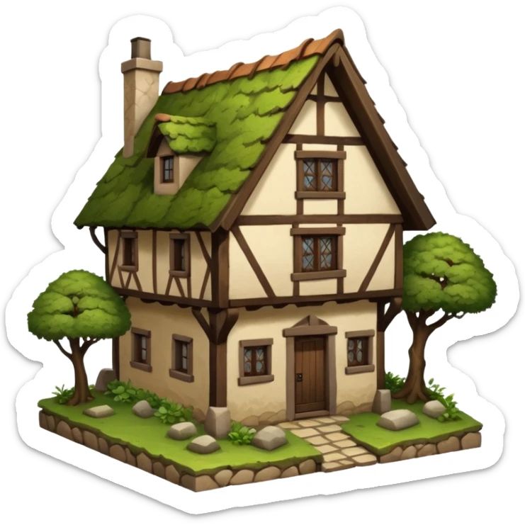 An old half-timbered village house with a tiled roof. The roof is dark brown. Moss, plants, tree sticker
