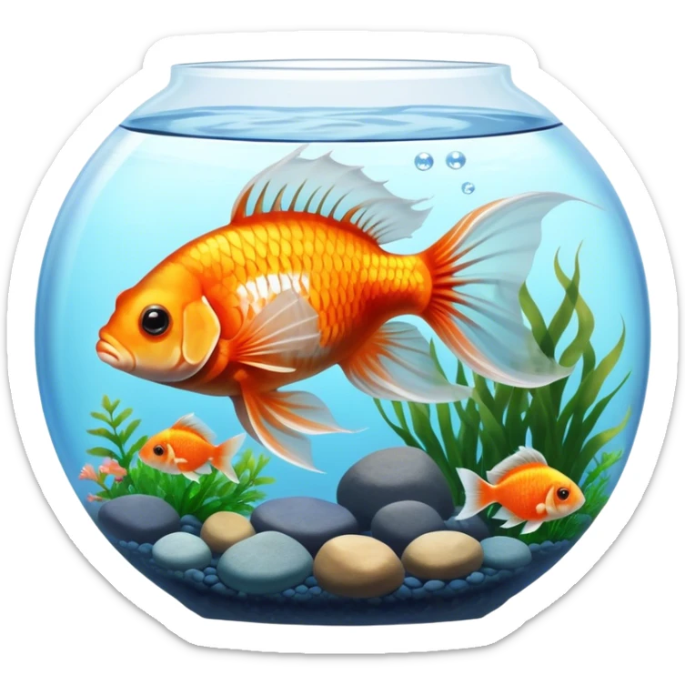 Large aquarium fish like veil tails and lionhead goldfish swimming gracefully in a beautifully decorated aquarium. Colorful aquatic plants, smooth rocks, and gentle bubbles surround the fish. The water shimmers in sunlight, creating a peaceful and vibrant underwater scene. Transparent background. sticker