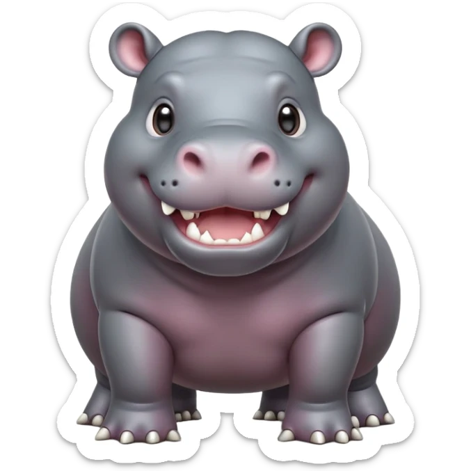 cinematic-hippo-realistic-full-body-side-view-standing-on-all-fours-emoji,-massive-round-frame,-wide-mouthed-grin-exposing-huge-teeth,-head-tilted-dramatically,-thick-grey-hide-glossy, big cute eyes sticker