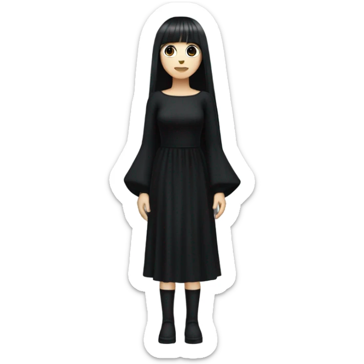  one single goth women full body, wearing long big bell arms, black dress, long hair with bangs, white skin, dark hair,  sticker